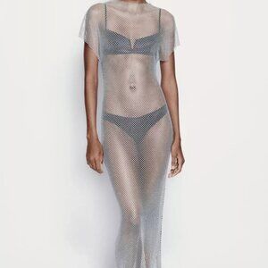 Zara Silver Mirrorball Mesh Dress NWT